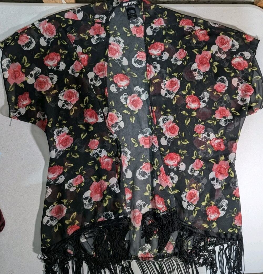 Hot Topic Whimsigoth Roses Floral Skull Chiffon Kimono Open Front Sz Small